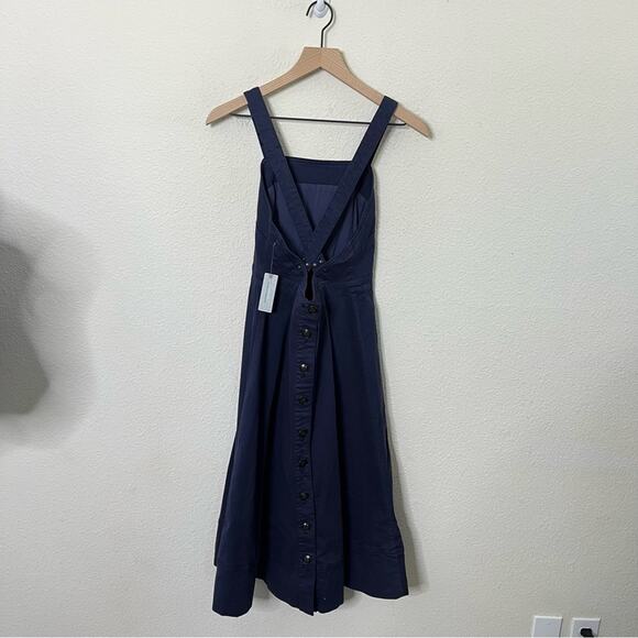 NWT Anthropologie Maeve Navy A-Line Flared Open Back Overall Midi Denim Dress 2P - Picture 5 of 11